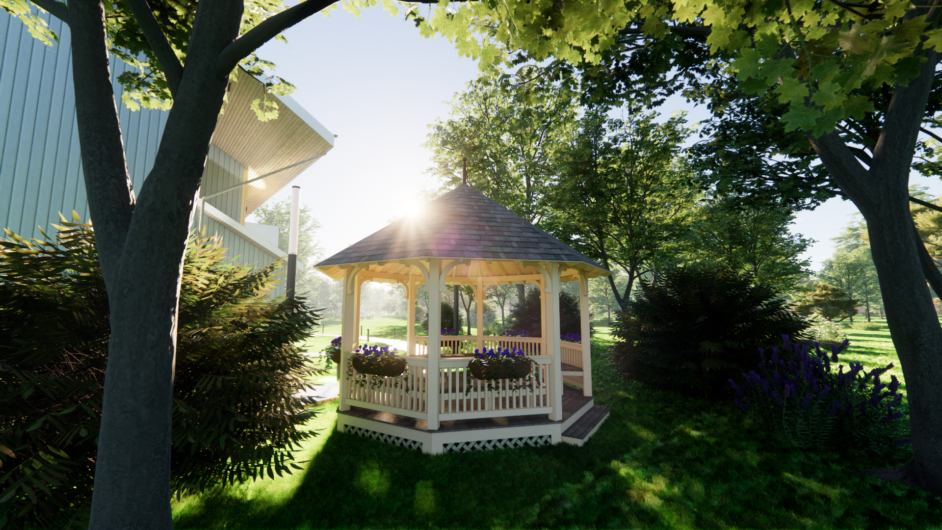 Garden gazebo with morning light and flowers
